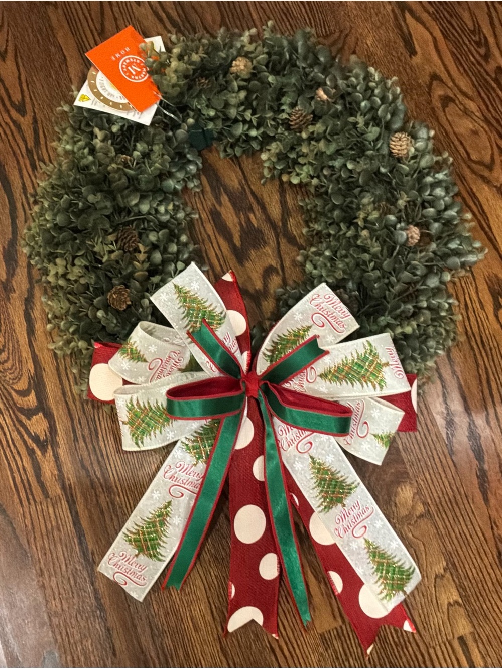 Green Hydrangea Holiday Wreath with Red & White Tree Ribbon Bow by